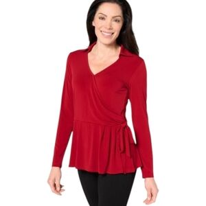 Susan Graver Liquid Knit Red Long Sleeve Faux Wrap Blouse V Neck Sz L